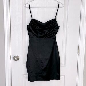 Windsor Junior Women’s Black Satin Mini Dress Draped Sweetheart Cocktail Size L
